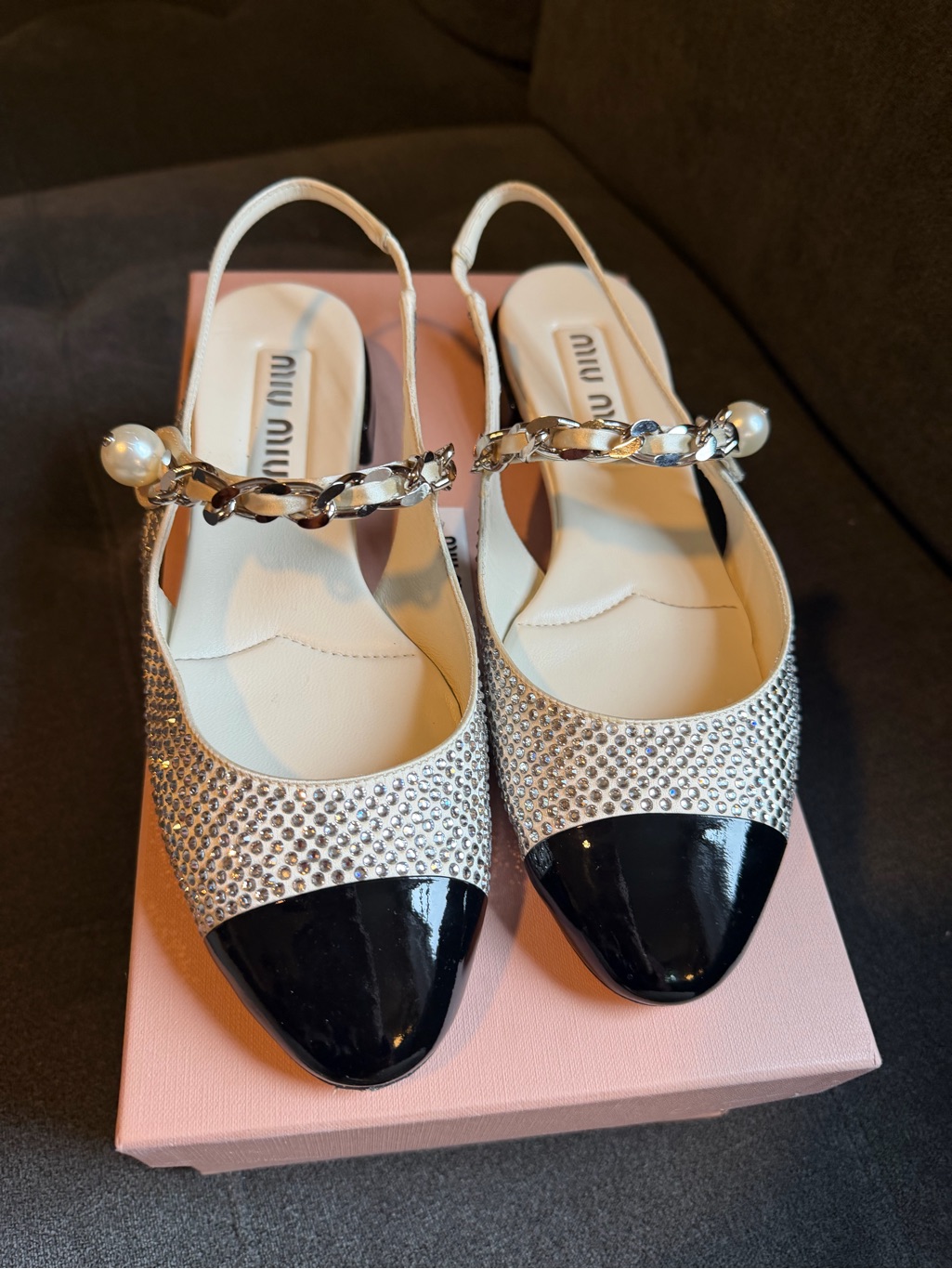Prada White & Black Jeweled Slingback Flats
